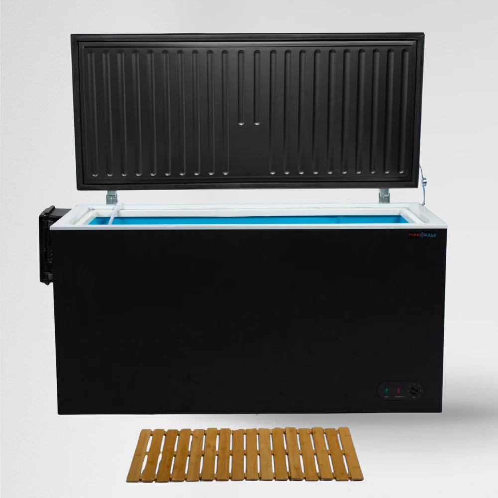 Black cold plunge tub with wooden step platform