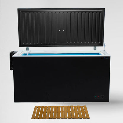 Black cold plunge tub with wooden step platform
