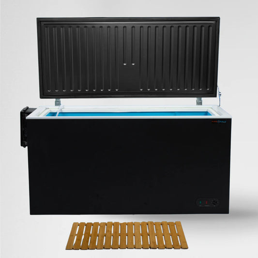 Black cold plunge tub with wooden step platform