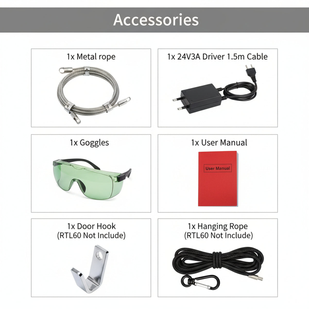 Red light therapy device accessories including goggles, power adapter, ropes and user manual