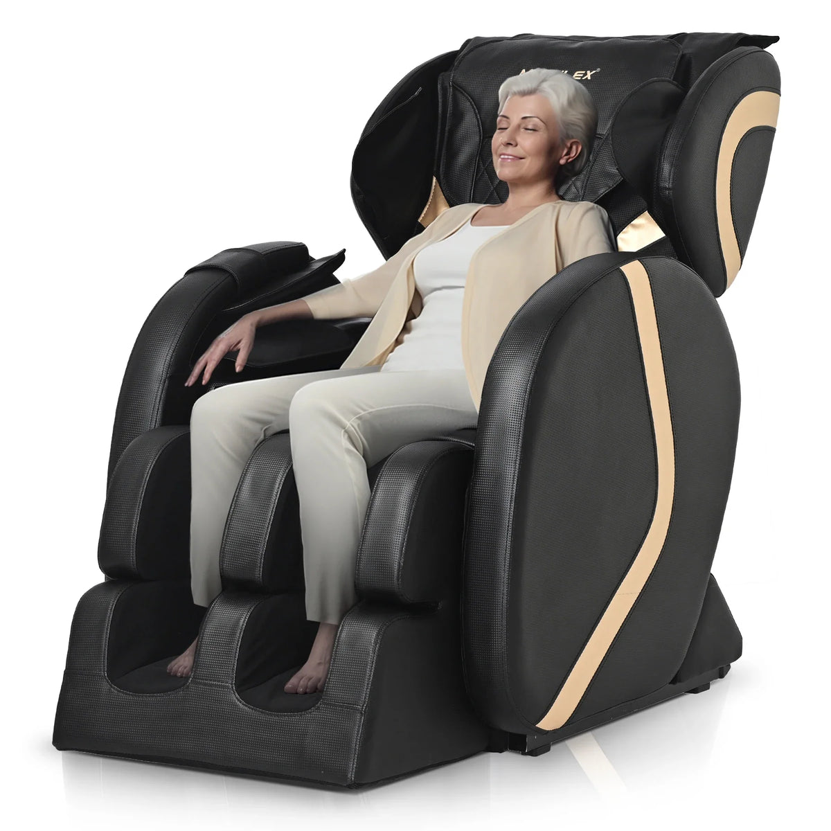 Woman relaxing in a black full body massage chair