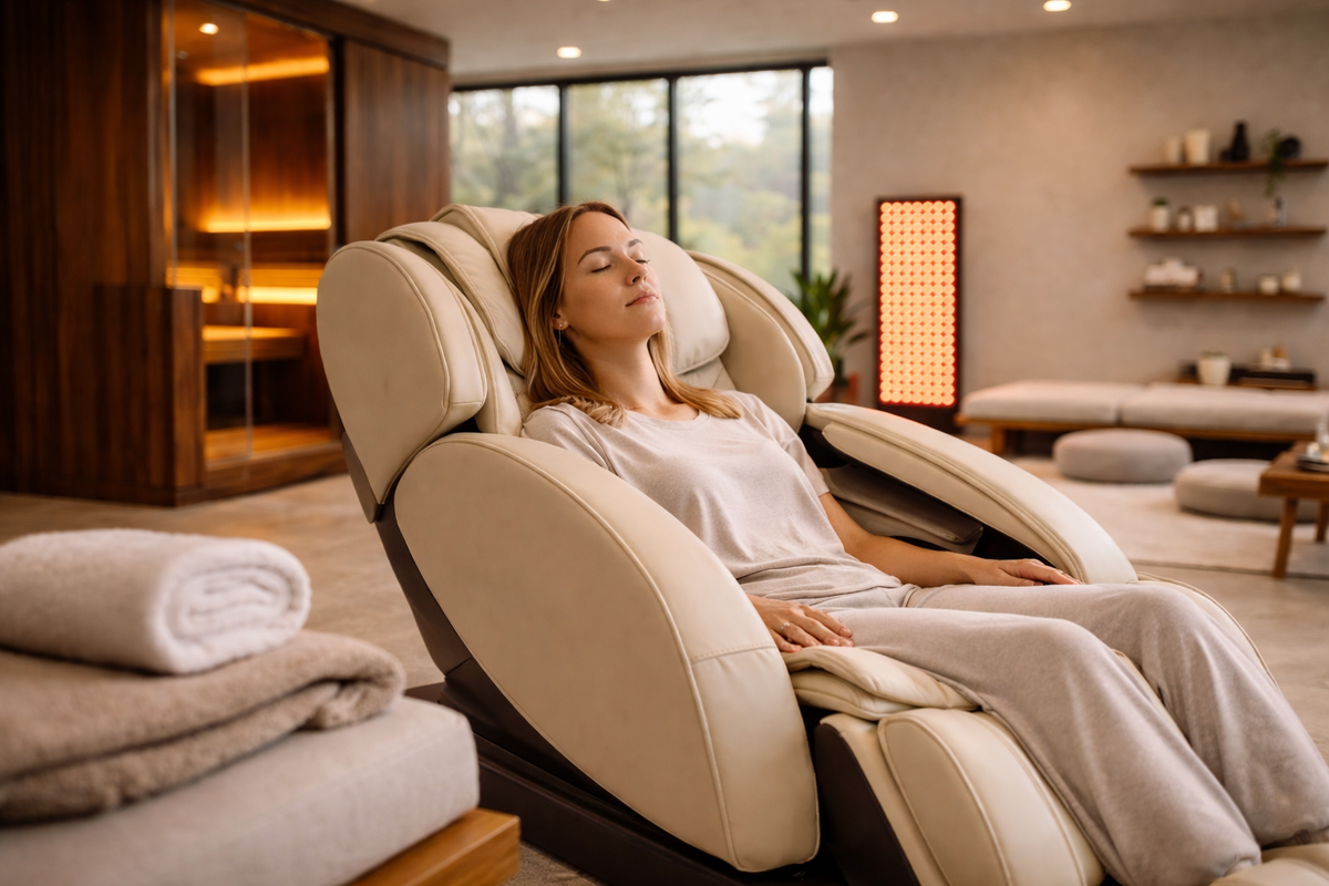 Woman relaxing in a massage chair beside a home sauna