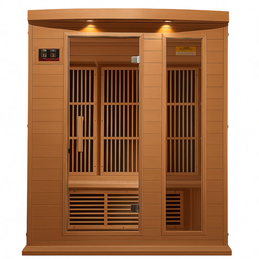 Wooden infrared sauna cabin with glass doors