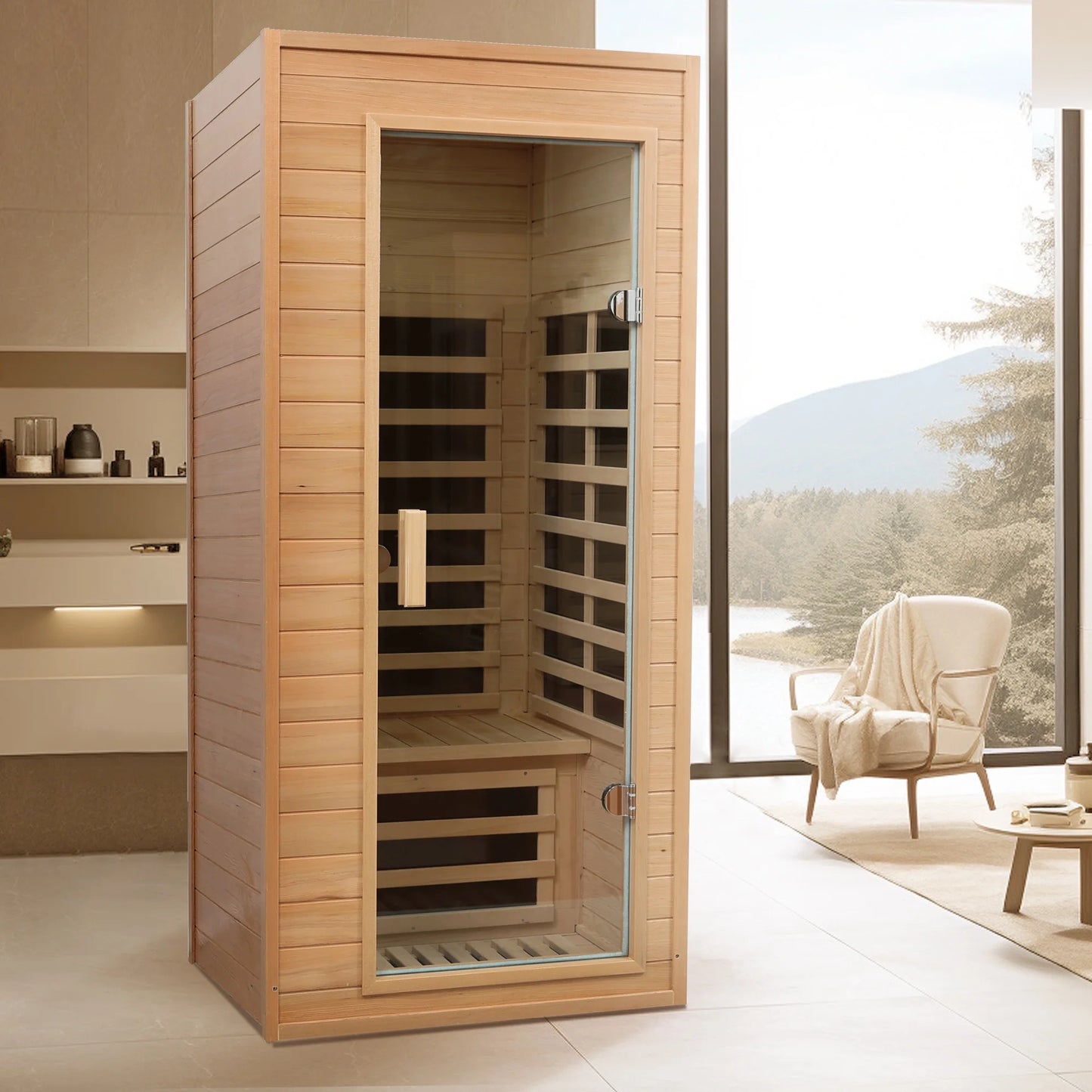 1290W Hemlock 1 Person Sauna Indoor Spa Room , FAR Infrared Sauna with Touch Intelligent Panel, Bluetooth LED Reading Light,Temperature Protection for Home Gym